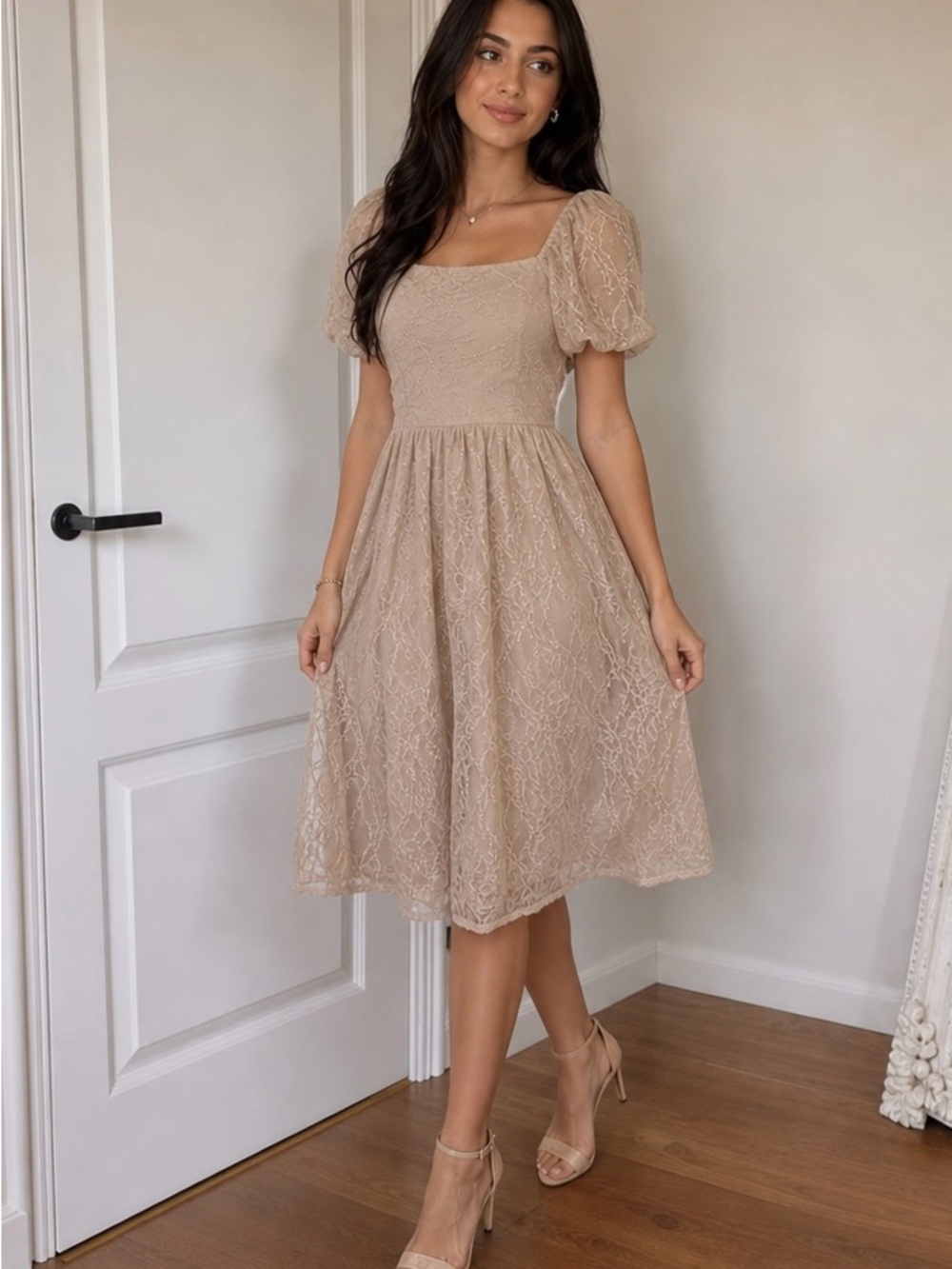 bohme Lace Midi Dress with Square Neck in Beige